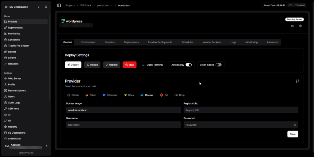 Interface Dokploy - déploiement WordPress en haute disponibilité