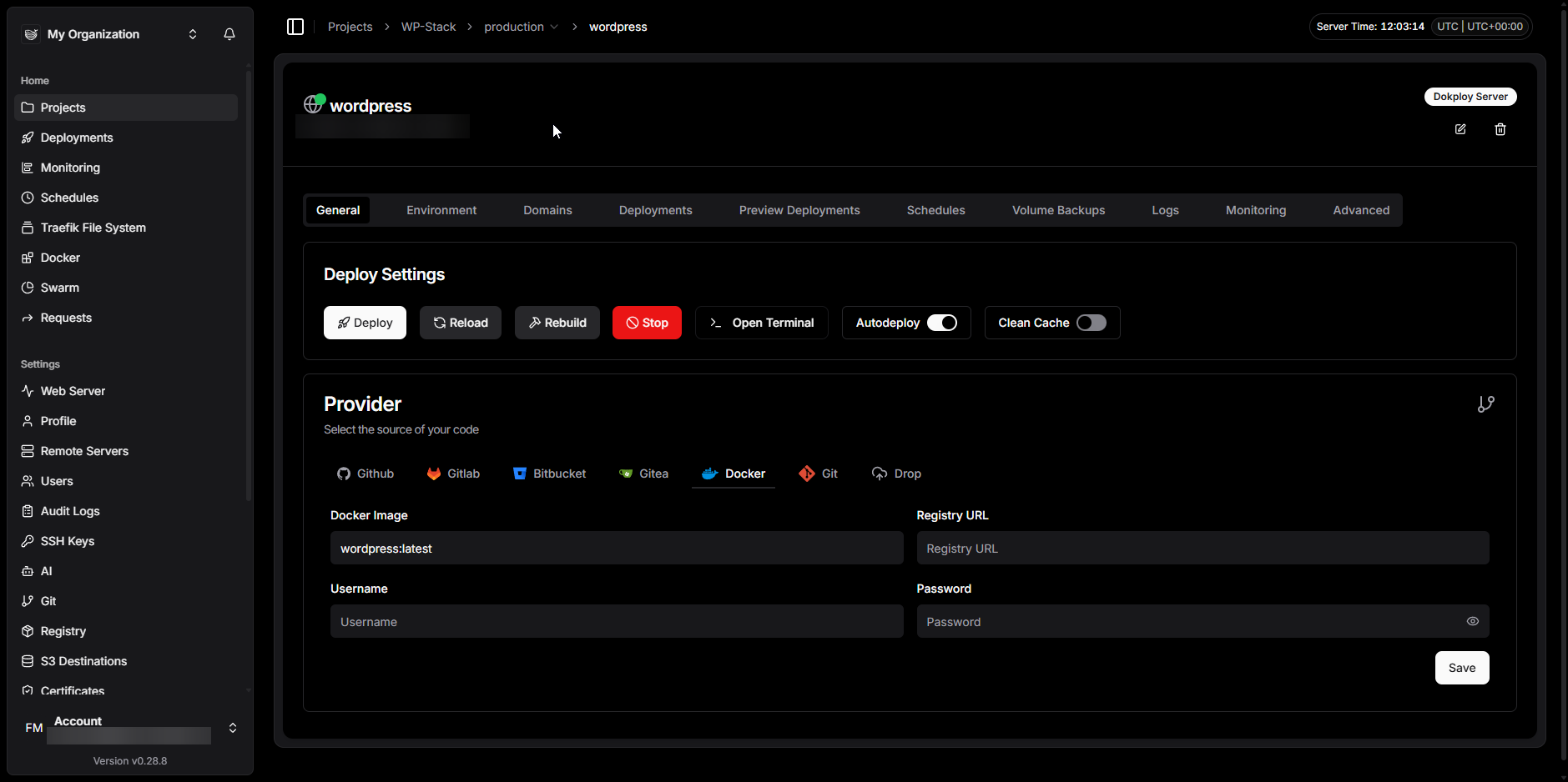 WordPress haute disponibilité Docker Swarm - interface Dokploy